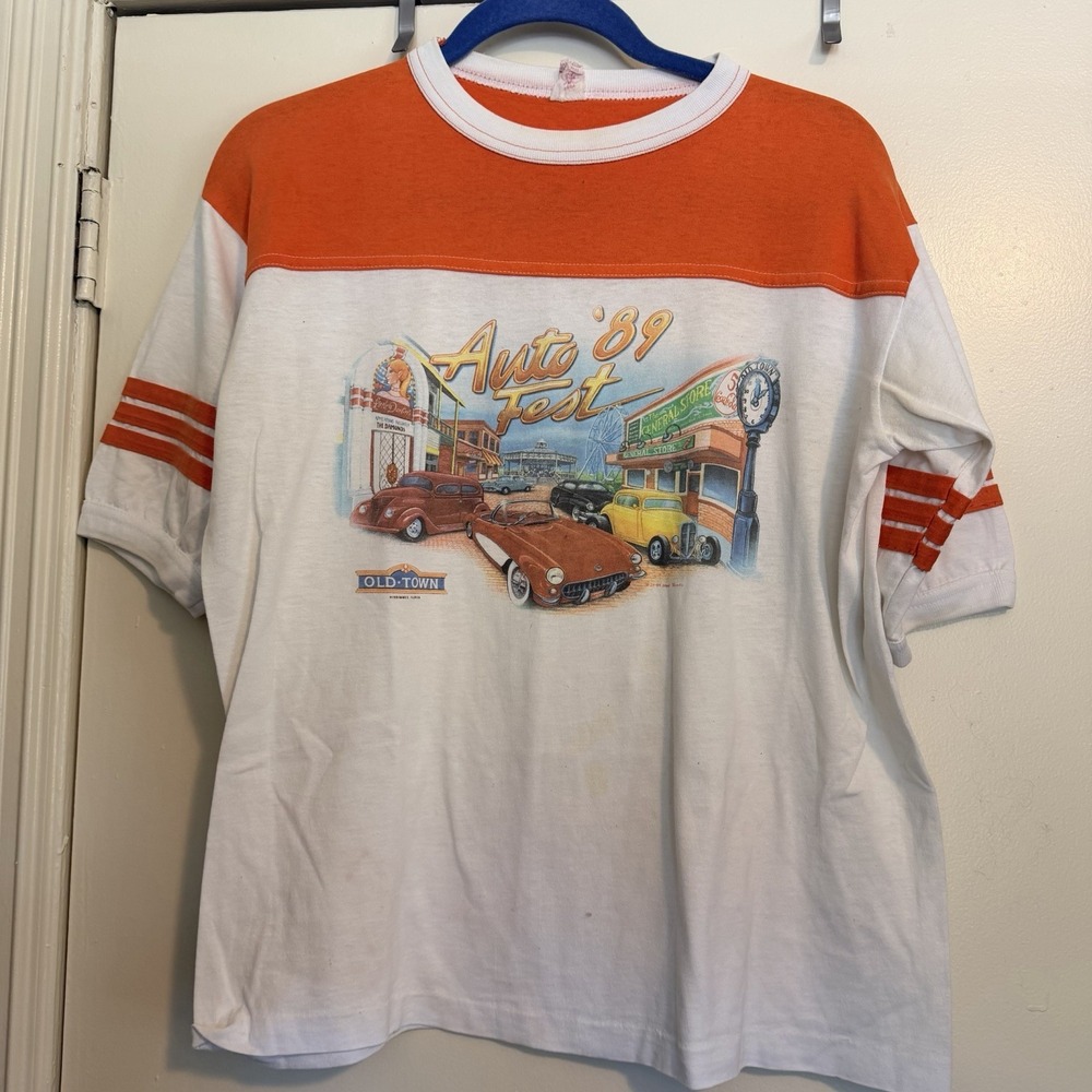 Vtg. 1989 White/Orange Auto Fest Ringer T-Shirt -L Single Stitch Old Town Fl